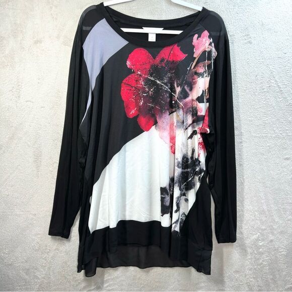CJ Banks Black Floral Knit Top Stretch Sparkle Accent Plus 2X - Picture 1 of 8